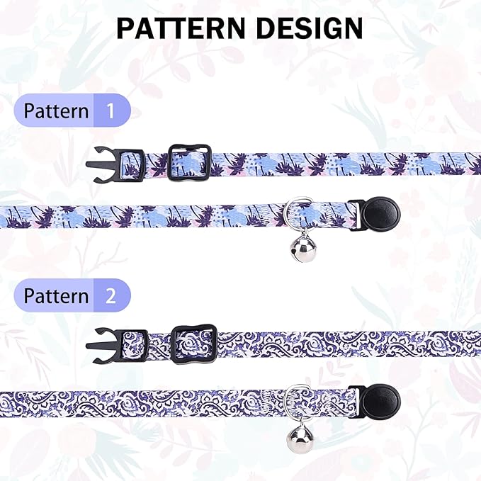 Breakaway Cat Collars for Girl Boy Cats, Spring Summer All Weather Cat Collar Personalized Pattern 2 Pack,Cute Classic Safety Buckles and Bells,Adjustable Printed Nylon Colorful Kitten Collar