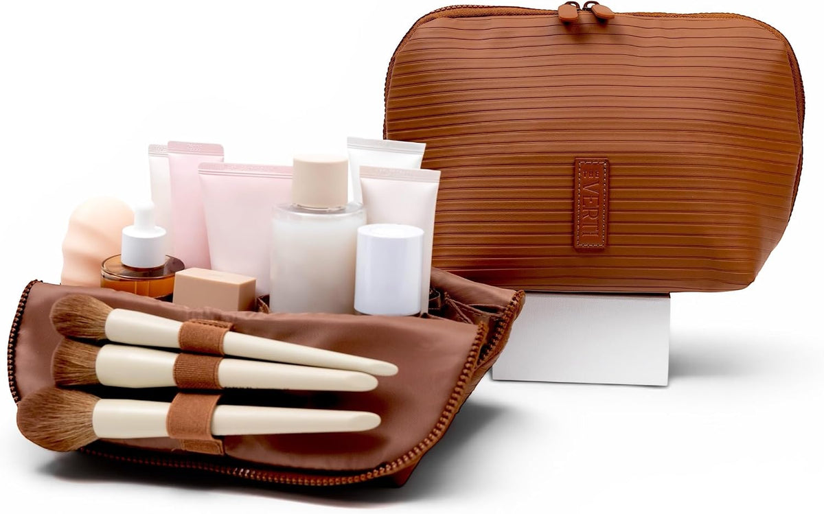 THE VERTI-Vertical Waterproof Makeup & Toiletry Bag | 23-Pocket Organizer with Upright, Fold-Down Design for Skincare, Toiletries & Essentials (Mahogany, Medium)