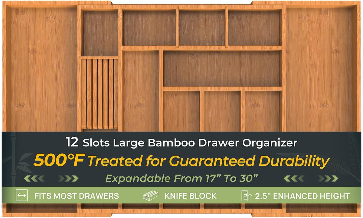 keechee Carbonized Large Bamboo Kitchen Drawer Organizer, 12 Slots Expandable Silverware Organizer, Utensil Holder & Cutlery Tray, 2.5" Deep for Extra Capacity, Non-Slip Feet Included