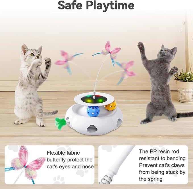 Cat Toys 3in1 Interactive Moving Ambush Feather, Spinning Butterfly, Track Balls, USB Rechargeable Automatic Activated Kitten Toys for Indoor Cats, Cat Feather Toy for All Breeds
