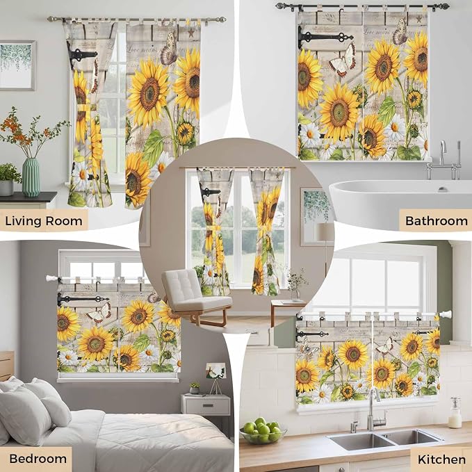 Farm Flowers Kitchen Curtains 24 Inch Length, Small Window Curtains Tab Top