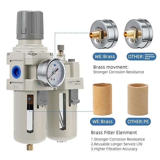 3/8" NPT Compressed Air Filter Regulator Lubricator Combination, Water/Oil Trap