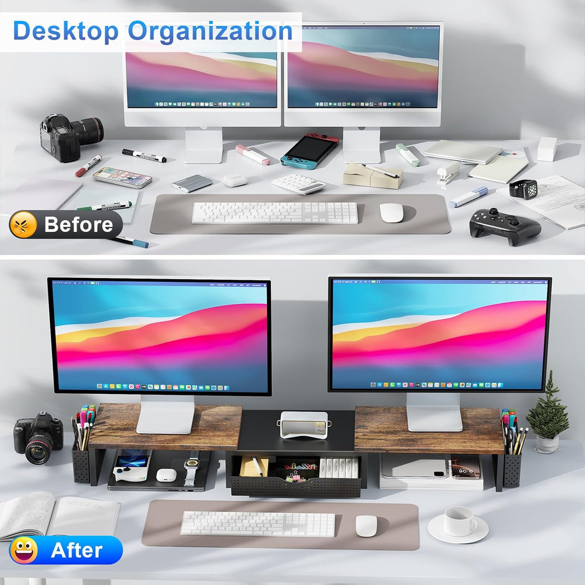 gianotter Dual Monitor Stand Riser With Drawer and 2 Pen Holders