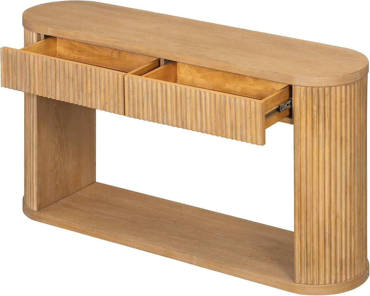 Elegant Oval Fluted Entryway Table with 2 Storage Compartments & Open Shelf,Solid Wood Veneer Console Table for Living Room Hallway (Natural1)