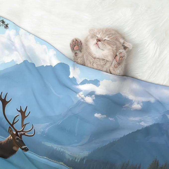Waterproof Dog Blanket Soft Pet Blanket for Puppy Cat, Fleece Cat Throw Blankets for Furniture Bed Couch Sofa Reversible - Majestic Deer Mountain Lake