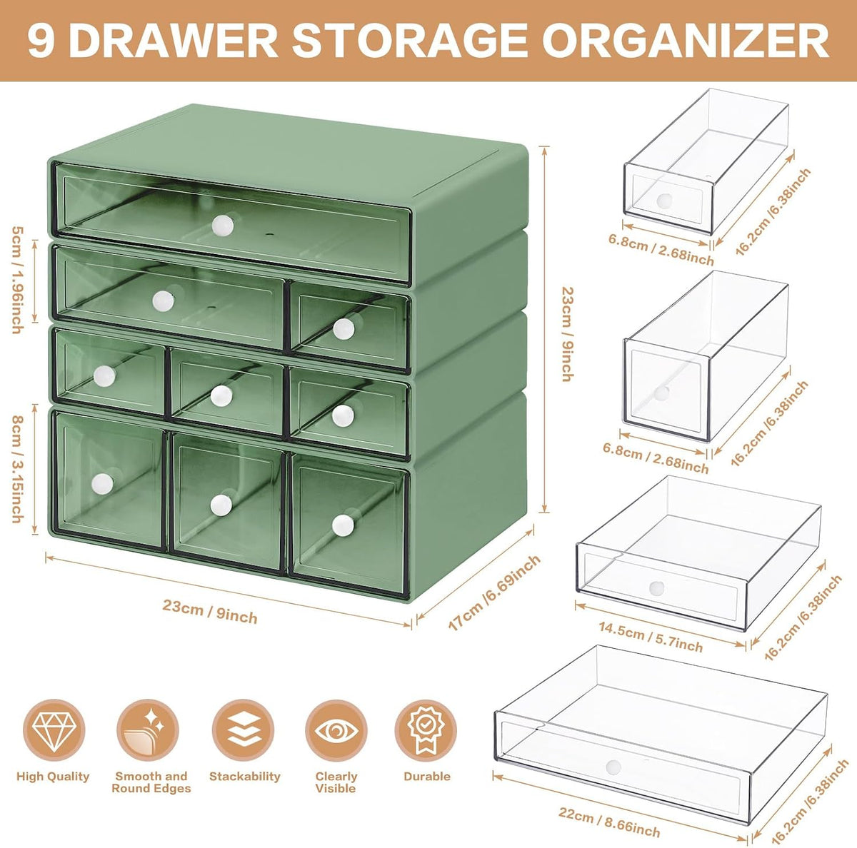 Desk Storage Organizer with 9 Drawers, 4 Tiers Stackable Desktop Craft Storage Drawers, Clear Storage Box Caddy for Stationary Makeup Jewelry Office Craft Supplies (Green)