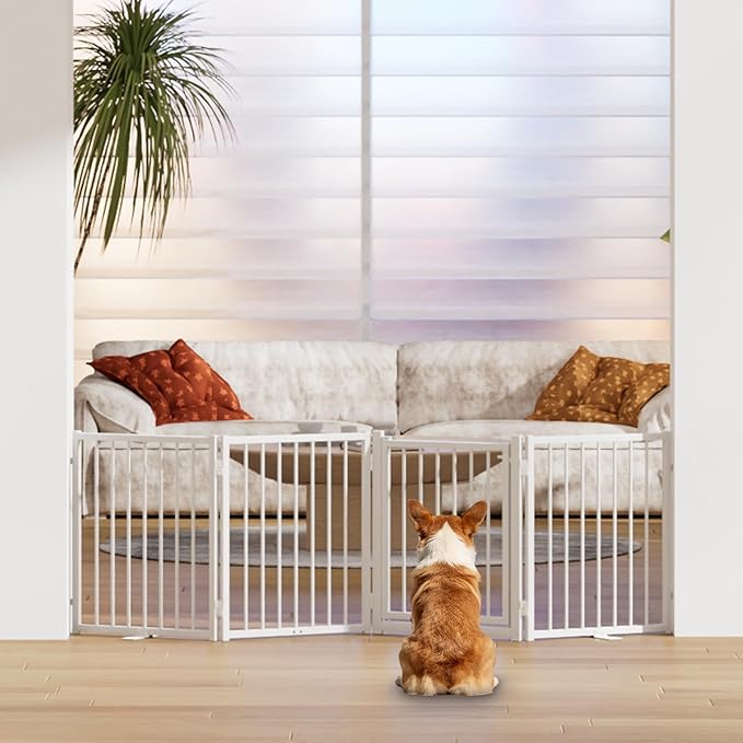 Full Metal Freestanding Dog Gate with Door, 24'' Height Foldable Pet Dog Fence for Indoor & Outdoor, 4 Panels Extra Wide Free Standing SmallDog Gates for Doorways,House,Stairs,Porch,Deck,Yard
