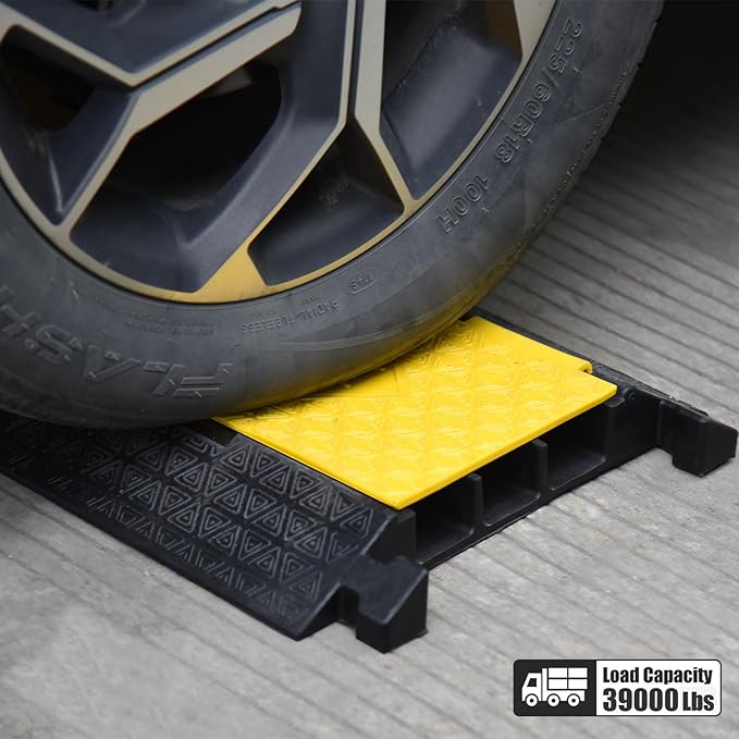 Rubber Cable Protector Ramp, Heavy Floor Cable Wire Cord Cover Speed Bumps 22000Lbs Load Capacity, Driveway Hose Cable Ramp Protective Cover for Indoor and Outdoor (3-Channel x 2Pcs)