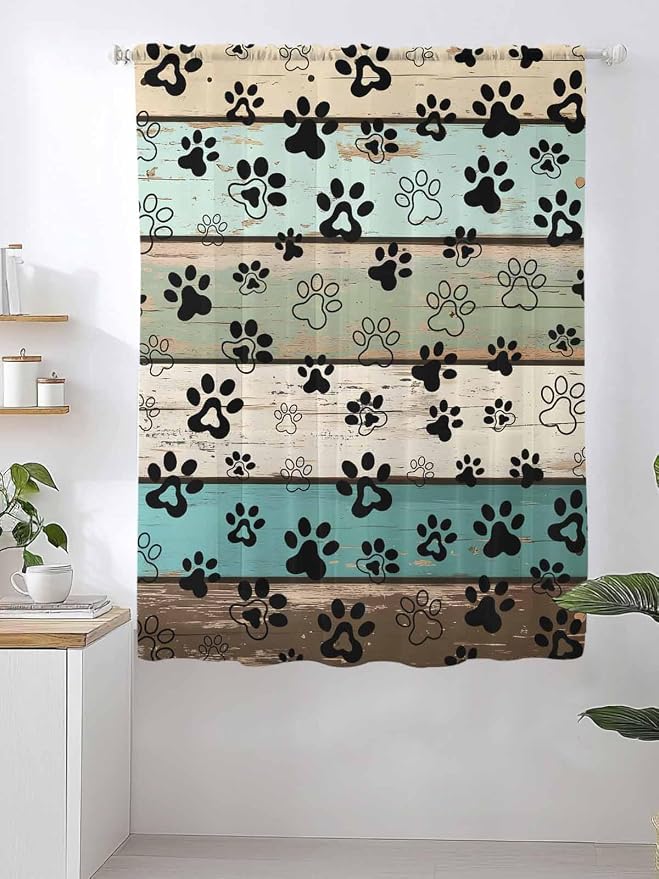 Sheer Curtains 72 Inches Long, Sage Green Brown Paw Prints Semi Sheer Curtains