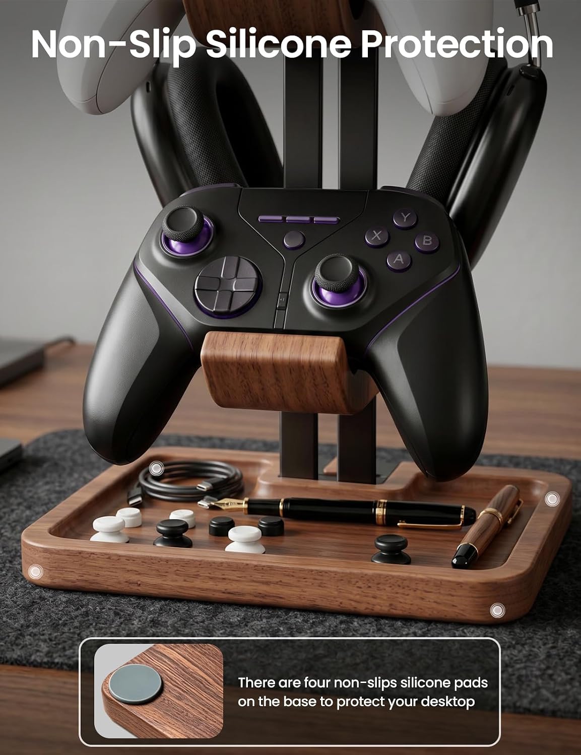 LOXP Walnut Headphone and Controller Stand, 2-in-1 Holder with Storage