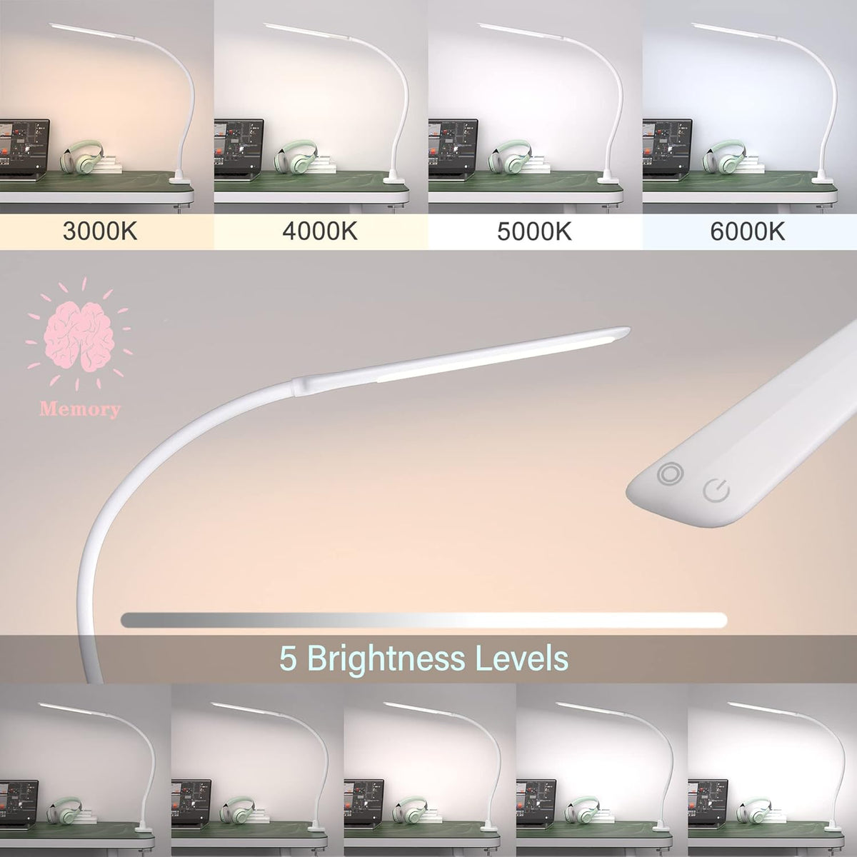 LED Desk Lamp With Clamp, 10W Gooseneck Lamps Touch Control,Swing Arm Clamp Lamp, Architect Clamp Desk Lamp Dimmable,Nail Lamp for Desk Table (White)