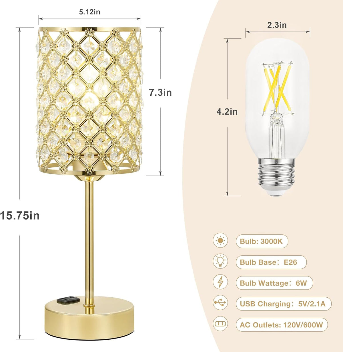 Hong-in Gold Lamps for Night Stands, Crystal Table Lamp with Touch Control