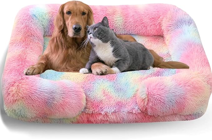 Dog Beds Medium Large Size Dog, Calming Dog Bed with Removable Washable Cover, Waterproof Lining and Nonskid Bottom(Tie-Dye Rainbow,M)
