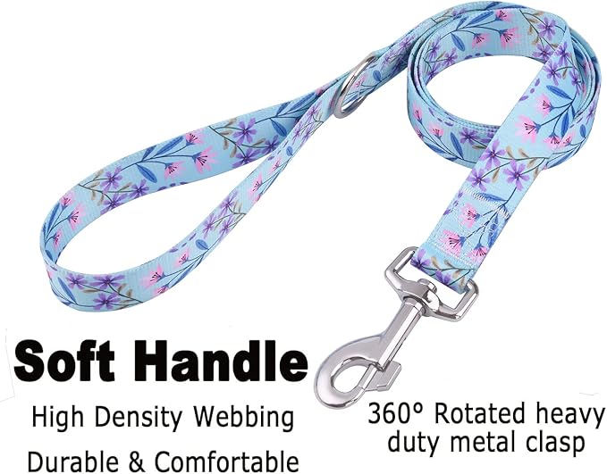 Dog Collar and Leash Set with Bohemia Floral Tribal Geometric Patterns - Soft Ethnic Style Collar Adjustable for Small Medium Large Dogs(Pink + Purple Floral Set,L)
