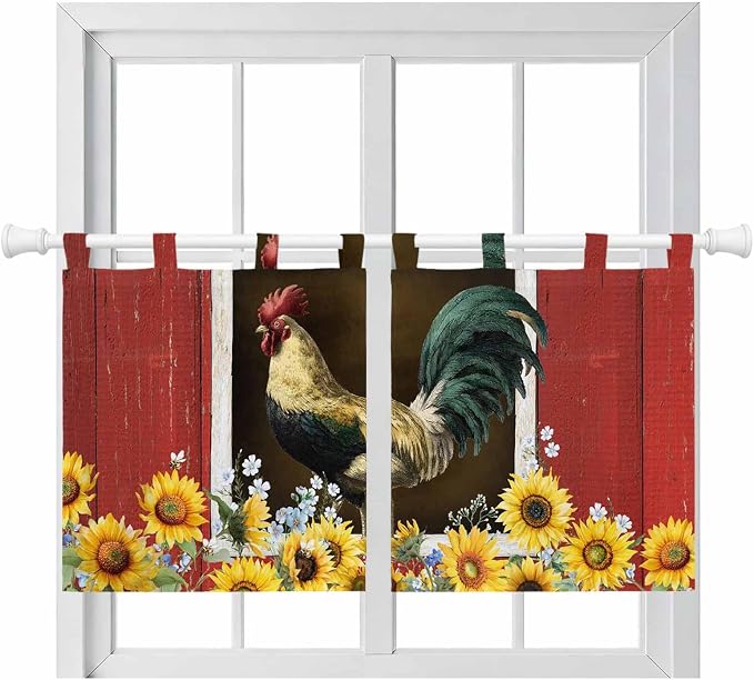 Chicken Sunflowers Kitchen Curtains 36 Inch Length, Small Window Curtains Tab