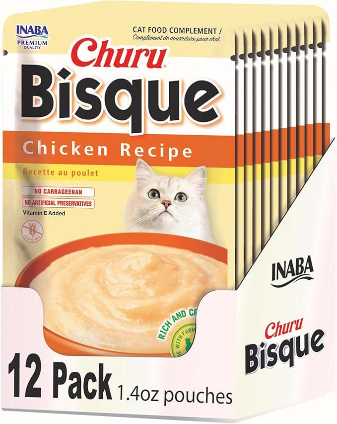 INABA Churu Bisque for Cats, Creamy Lickable Purée Side Dish with Vitamin E, 1.4 Ounces per Pouch, 12 Pouches, Chicken Recipe