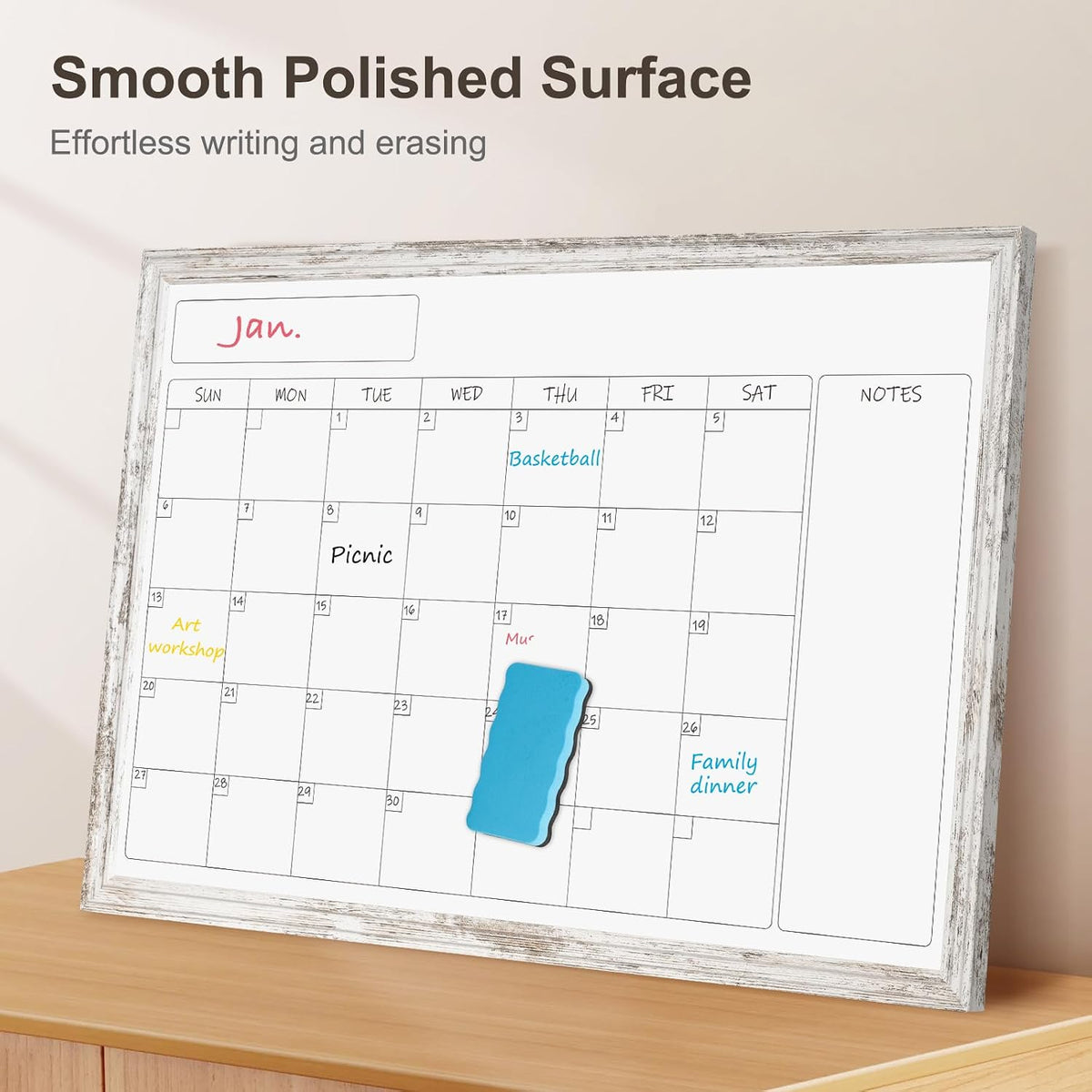 Monthly Dry Erase Calendar Whiteboard for Wall, 24"x18", Rustic Wood Frame