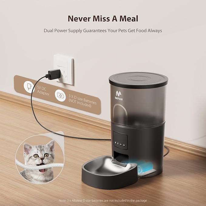 Automatic Cat Feeder, 5G WiFi Cat Food Dispenser with APP Remote Control, Pet Dry Food Smart Feeder, Programmable Timed Feeding, Dual Power Supply, 1-10 Meals Per Day, Stainless Steel Bowl