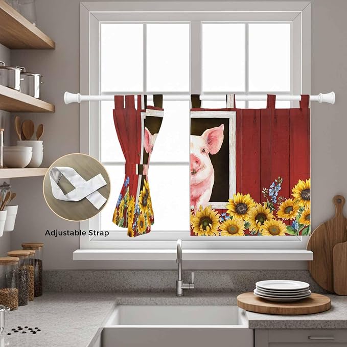 Pigs Sunflowers Kitchen Curtains 24 Inch Length, Small Window Curtains Tab Top