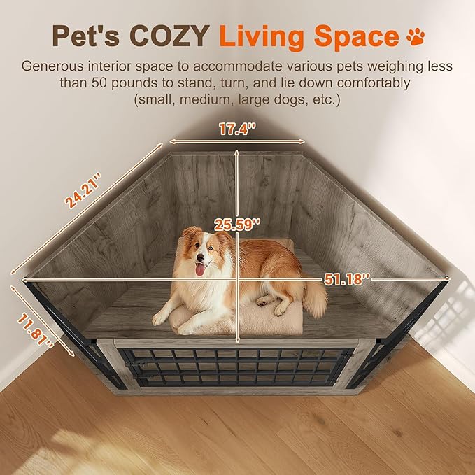 Corner Dog Crate Furniture with 2-Tier Shelves 51" Large Dog Kennel Indoor Wooden TV Stand Modern Dog Cage Decorative Pet House