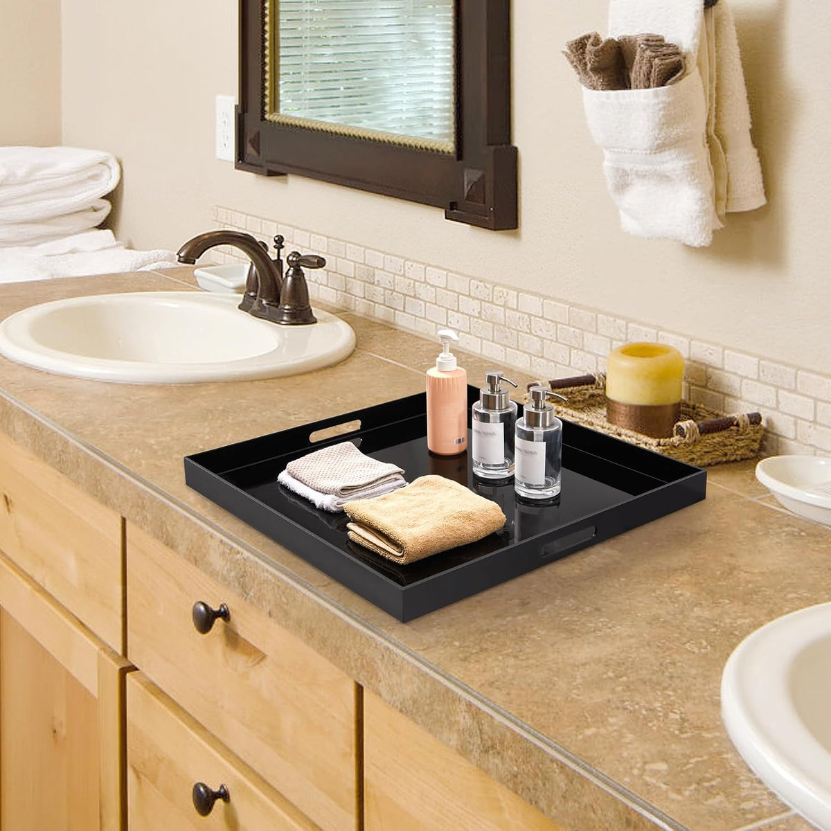 16×16 inches Black Acrylic Serving Tray with Cutout Handles, Sturdy Large Acrylic Tray for Ottoman, Coffee Table, Kitchen and Desk Organizer, Storage Tray (16"x16")