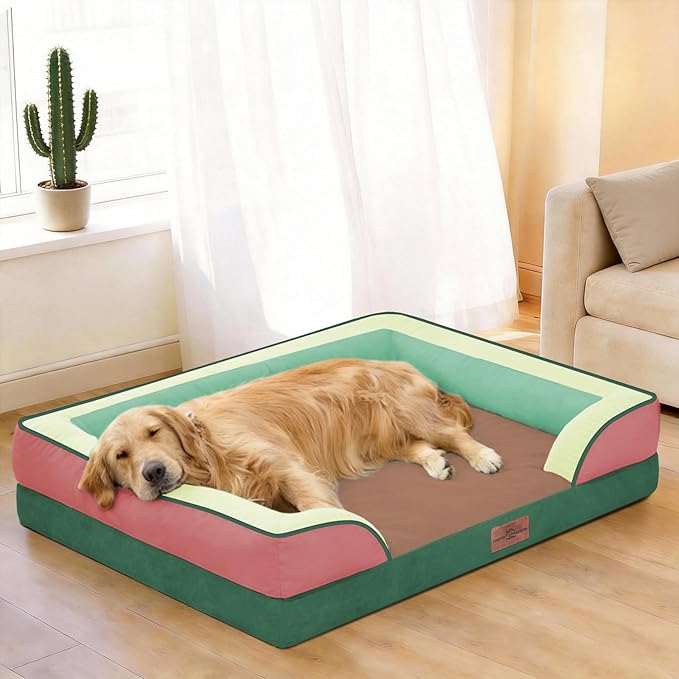 Comfort Expression Orthopedic Dog Bed for Large Dogs 36x27 Inch, Waterproof Egg Crate Foam Large Pet Bed with Removable Bolsters, Dog Couch with Washable Cover & Non-Slip Bottom, Watermelon Mist