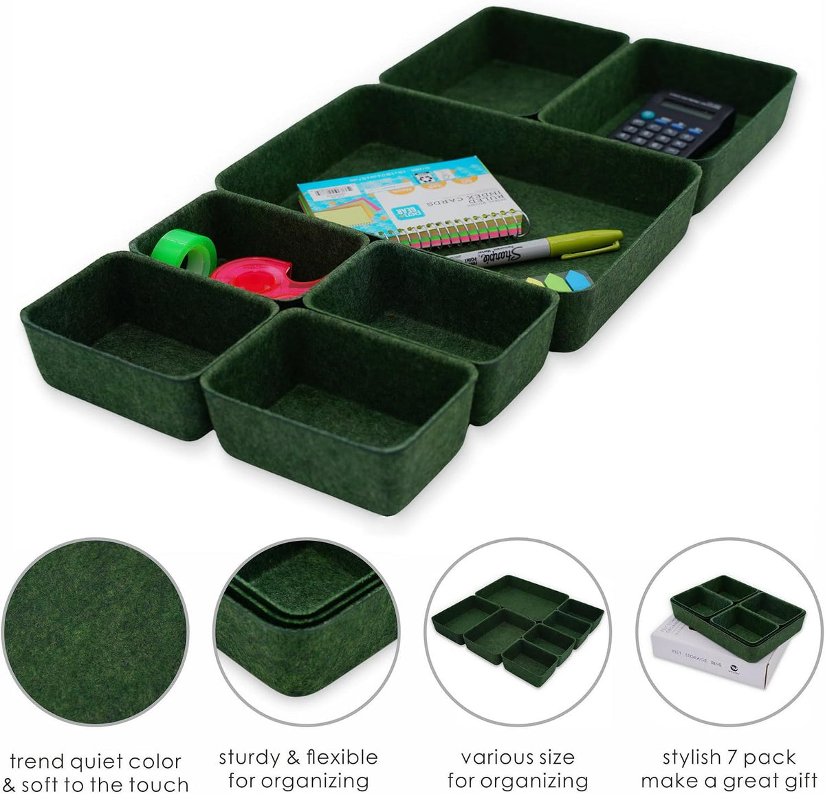 Welaxy 7-Piece Felt Drawer Organizer Bins, Dividers Tray Set, Forest Green