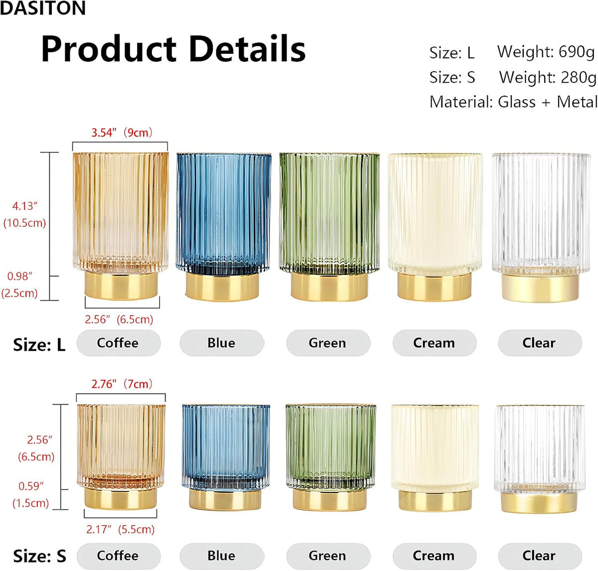 DASITON Makeup Brush holder Organizer,Crystal Cosmetic Makeup Brush Glass Brushes Storage Holder, Vintage Make Up Brush Cup Pen Pencil Holder striped vase(Blue S+L)