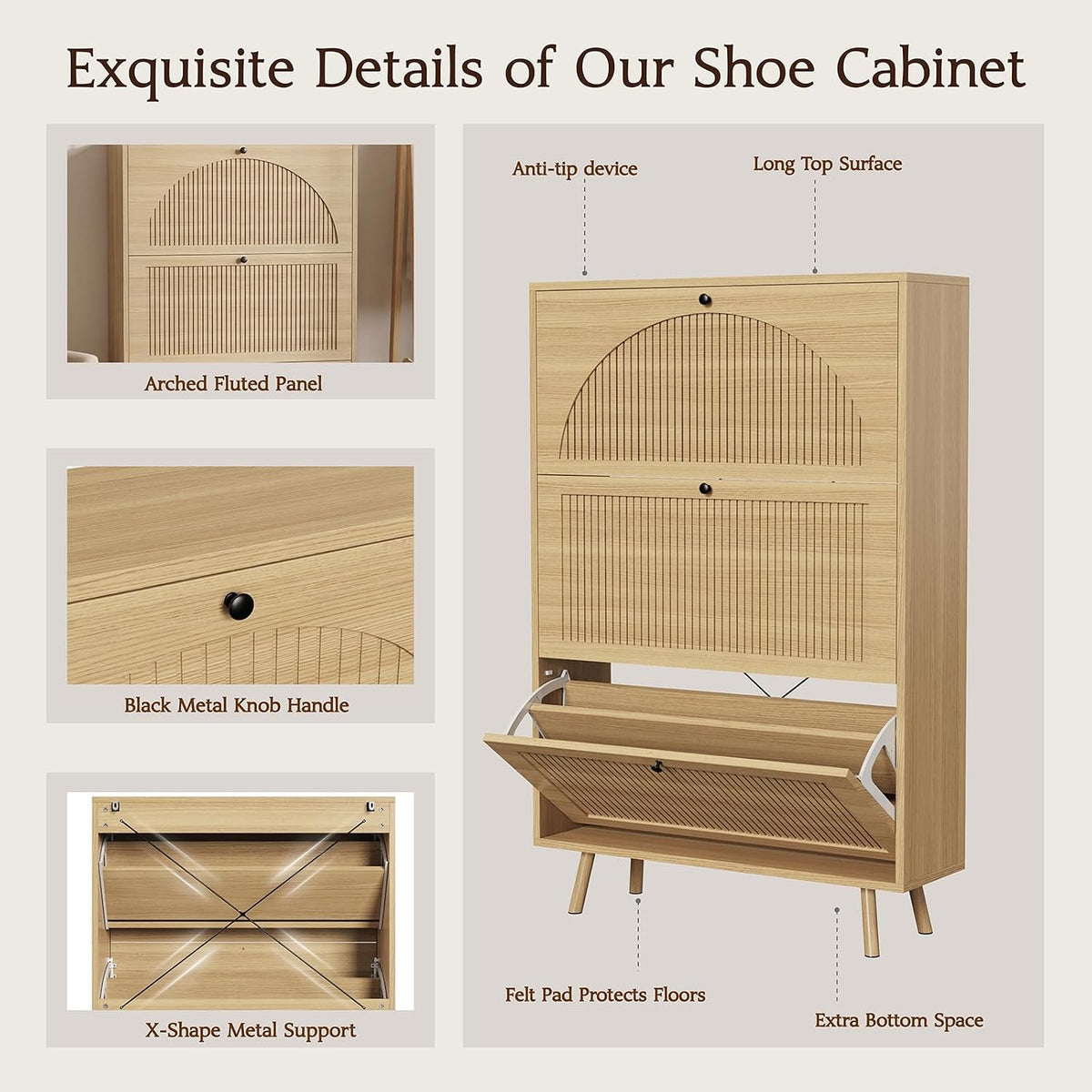 Shoe Organizer for Entryway, Fluted Shoe Cabinet with Flip Drawers, Oak