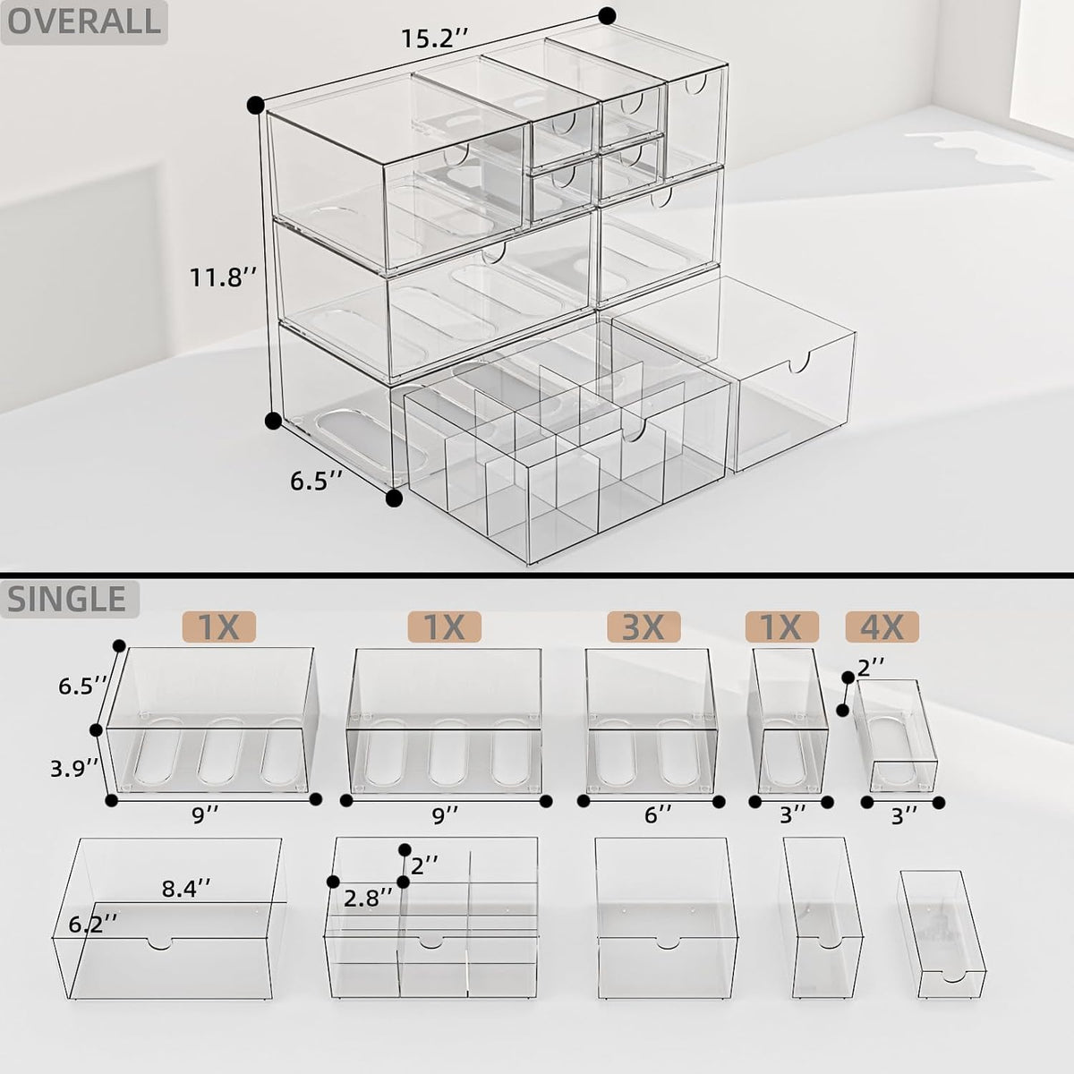 Clear 10-Drawer Stackable Desk Organizer Storage Set