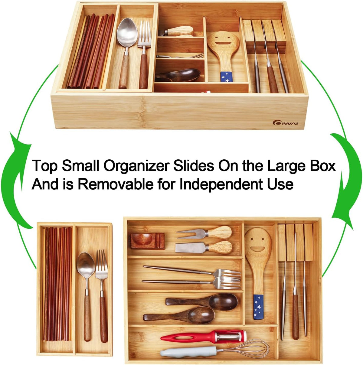COIWAI Two tier Bamboo kitchen Drawer Organizer Cutlery Utensil Silverware Organizer Tray for Drawer, double layer Holder Drawer Dividers for Flatware (L: 16.85 × 12.2 in)