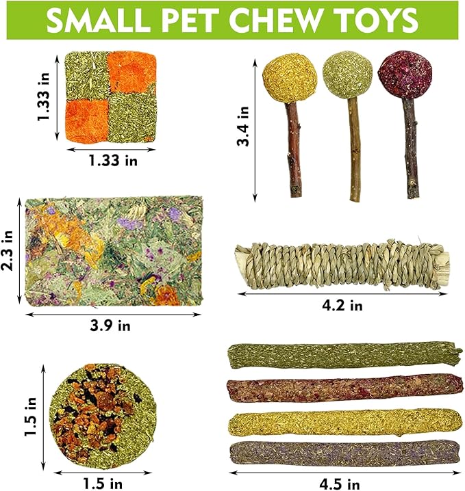 Fhiny Rabbit Chew Toys, 33 PCS Natural Guinea Pig Chew Toys for Teeth Handmade Small Animal Timothy Molar Sticks & Cakes Bunny Snacks Hamster Treats for Guinea Pig Bunny Chinchilla Hamster Gerbil