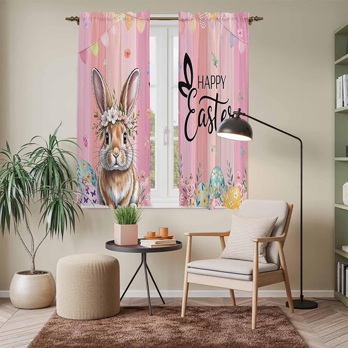 Easter Kitchen Curtains, Spring Rabbit Eggs Flowers Flags Leaves Wood Grain