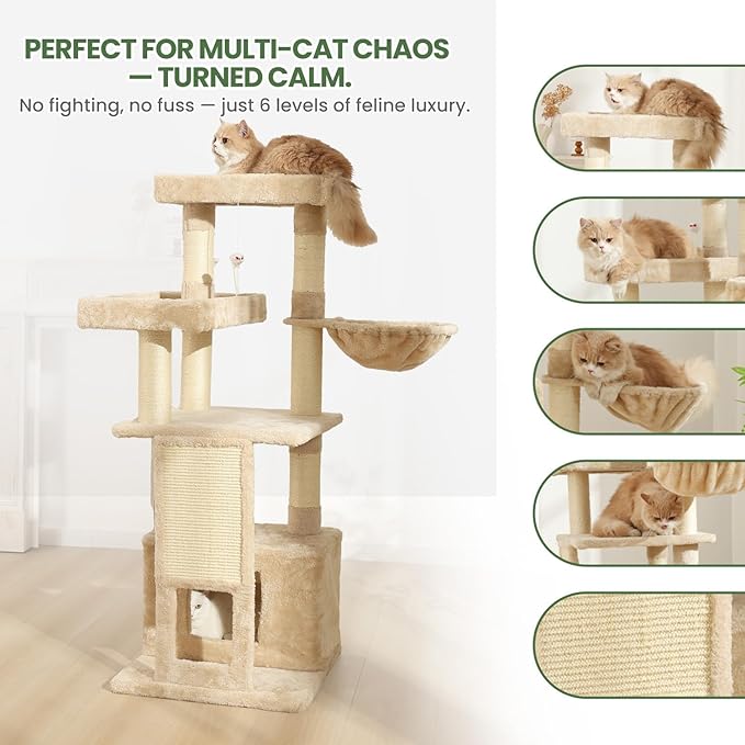 Cat Tree, 50.31-Inch Cat Tower for Indoor Cats, Cat House with Padded Platform Bed, Toy Mouse Ball, Large Cozy Condo, Hammocks and Sisal Scratching Posts for Kittens Play, White