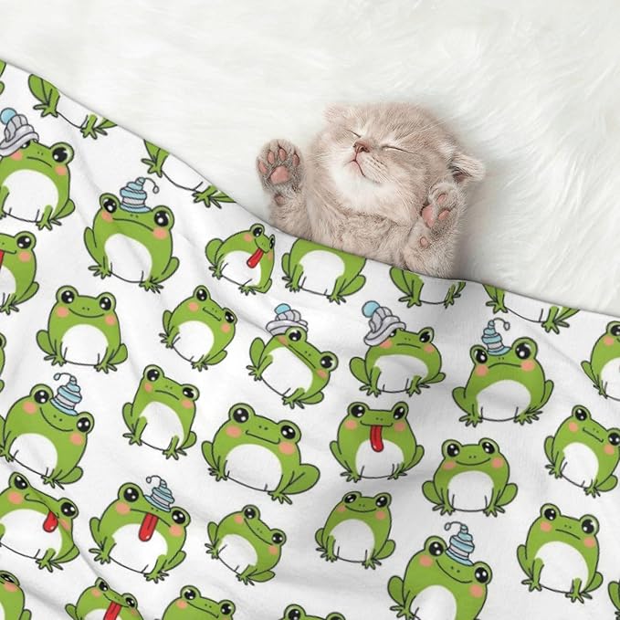 Reversible Plush Throw for Dogs and Cats, Cute Frog, Double Sided Blanket with Nubby Dot Side and Sleek Side Ideal for Cuddling Nesting Security