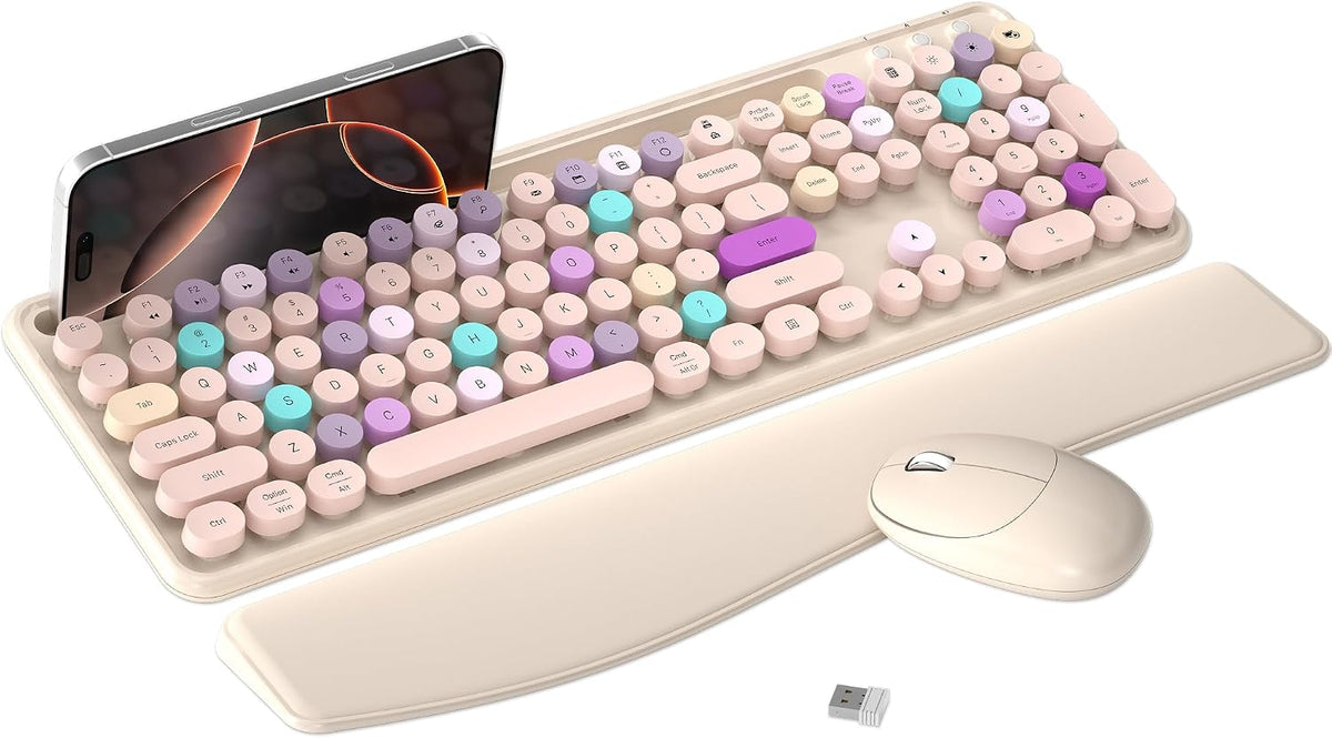Wireless Keyboard and Mouse Combo with Phone Holder (Khaki)