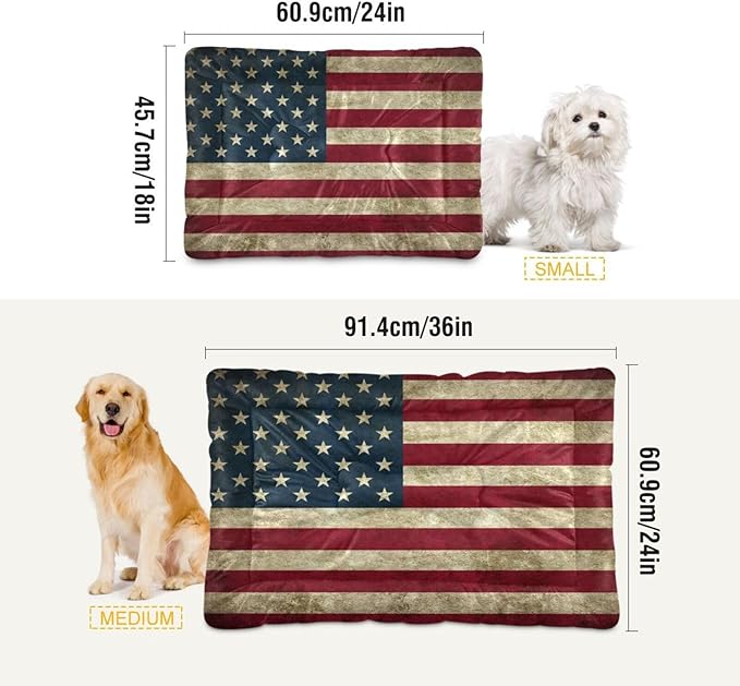 American Flag Dog Bed Mat, Cat Crate Pad with Non-Slip Bottom Washable Soft Pet Kennel Beds for Small Medium Large Dogs, 24"x18"
