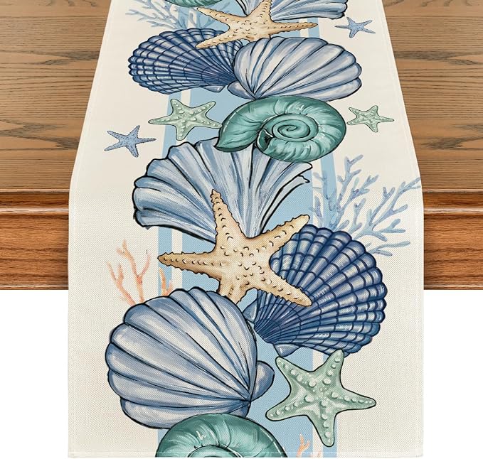 Artoid Mode Sea Shell Starfish Summer Table Runner, Spring Ocean Kitchen Dining