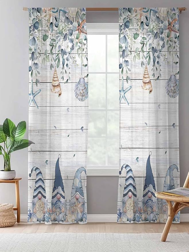Sheer Curtains 108 Inches Long, Coastal Eucalyptus Leaf Semi Sheer Curtains