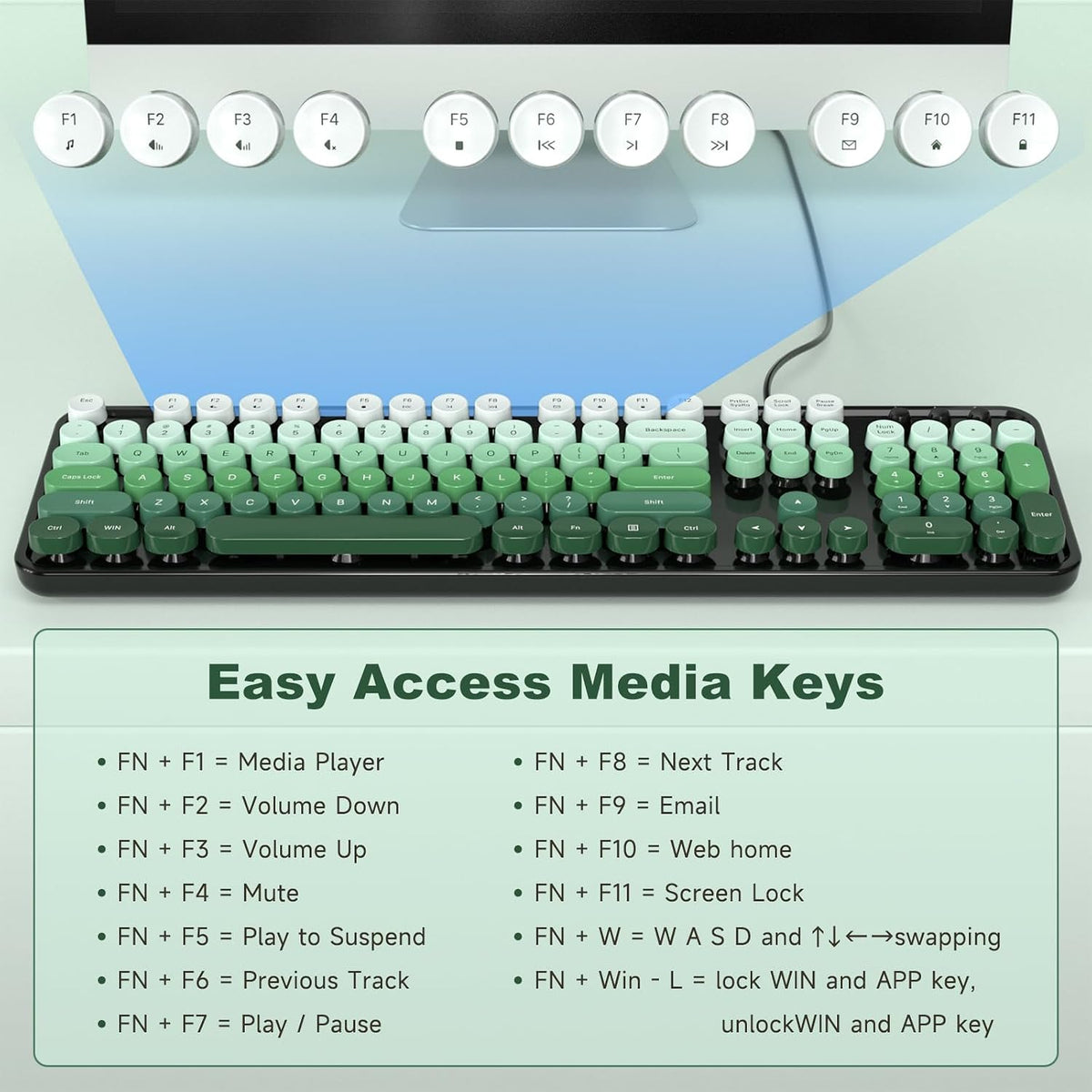 MOFII Computer Keyboard Wired,Round Key Retro Typewriter Keyboard Full Size