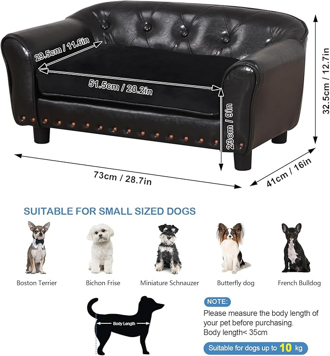 Dog Couch,Puppy Bed,Cat Sofa,Cat Couch,Pet Sofa,Dog Chair,Small Pet Bed with Copper Nail and Wooden Frame, Leather Fabric and Cushion,for Small Animals Using (Black)
