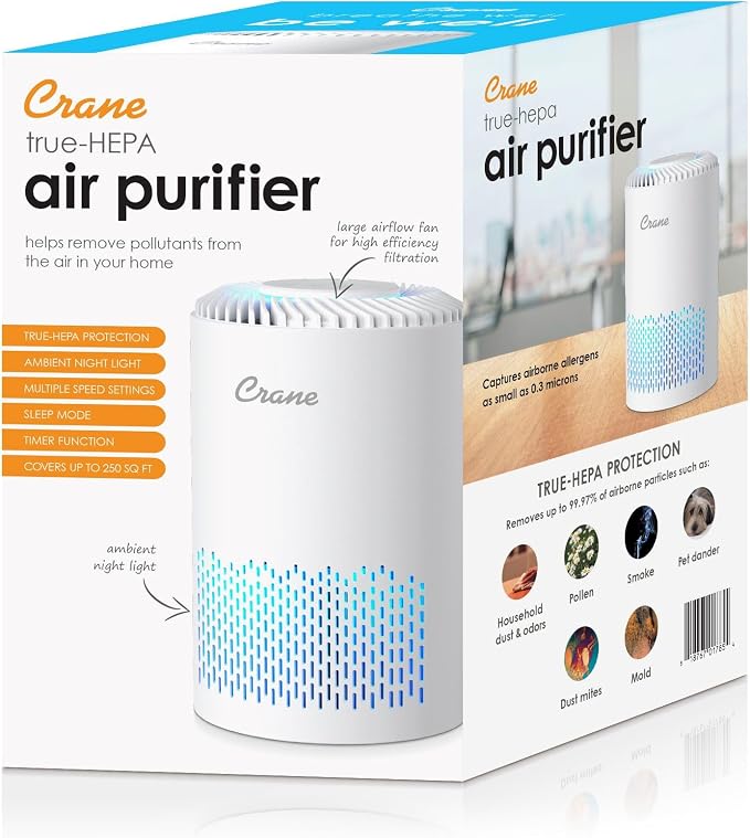 Crane True HEPA Air Purifier for Home, and Dorm Room, Bedroom Essentials