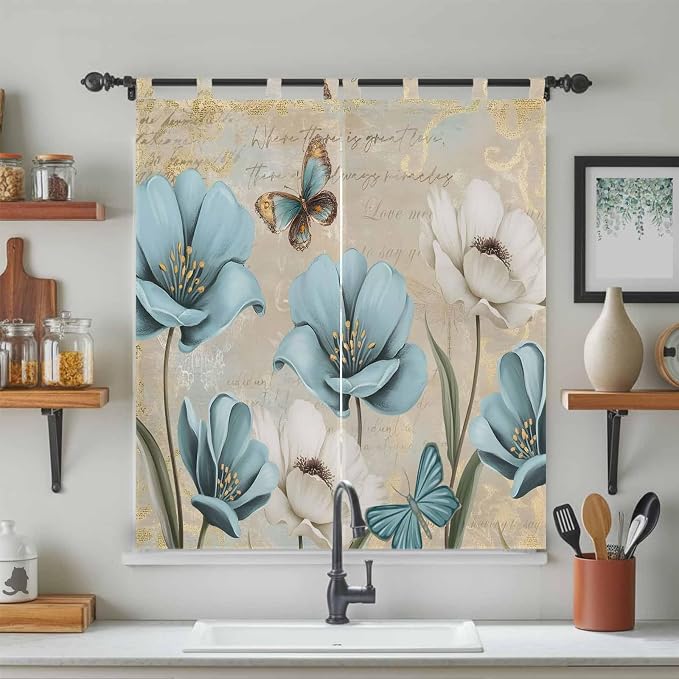 Spring Flowers Living Room Curtains 84 Inch Length, Window Curtains Tab Top