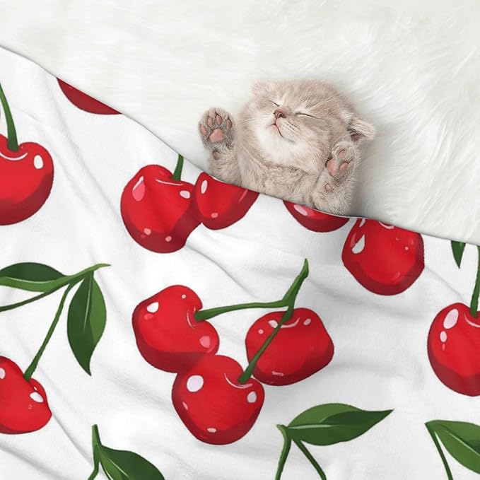 Cherry Print Soft Plush Pet Blanket, Washable Dog Blanket, Cat Fleece Throw, Puppy Bed Crate Mat & Sofa Couch Protector - Large