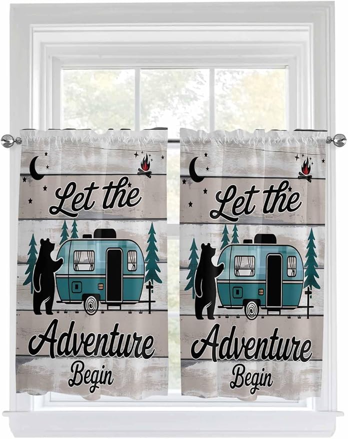Farmhouse Bear Camper Van Tree Window Valance Curtains, Vintage Wood Grain