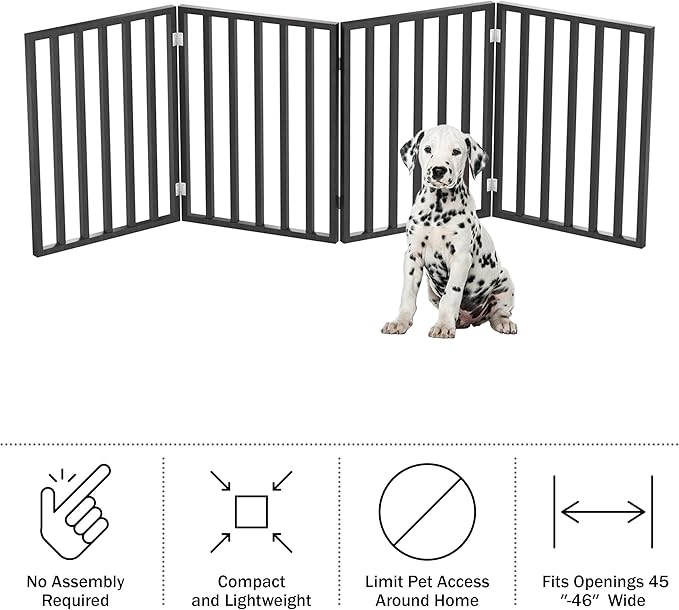 Pet Gate - 4-Panel Indoor Foldable Dog Fence for Stairs, Hallways, or Doorways - 72x24-Inch Wood Freestanding Dog Gates by PETMAKER (Black)