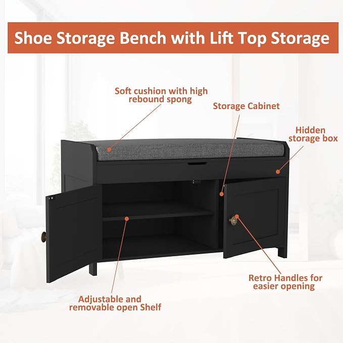 HOMEFORT 30" Shoe Bench with Lift Top Storage, Entryway Bench with Cushioned