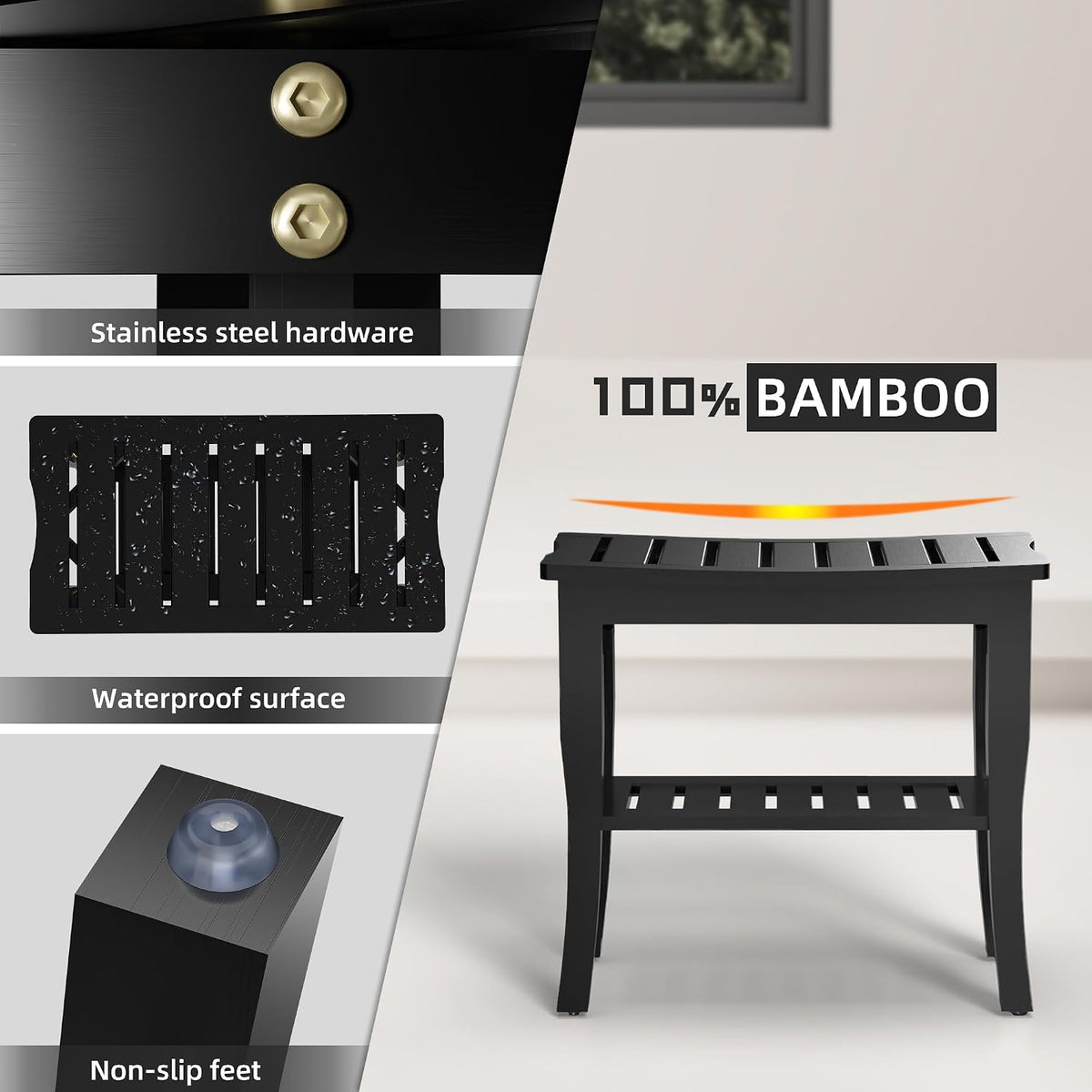 Domax Bamboo Shower Bench & Stool Waterproof - Wood Shower Bench with Storage Shelf for Inside Shower(Black)