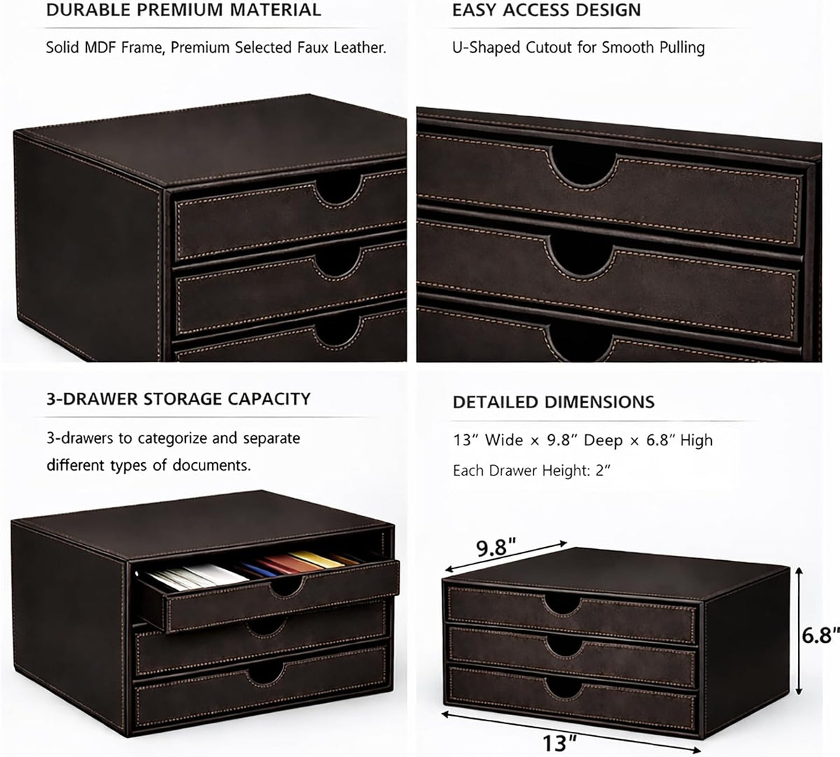 UnionBasic Leather Desktop Drawer Organizer, File Cabinet Magazine Document Holder, Office Supplies Desk Storage Organizer Box, 3 Drawer, Coffee