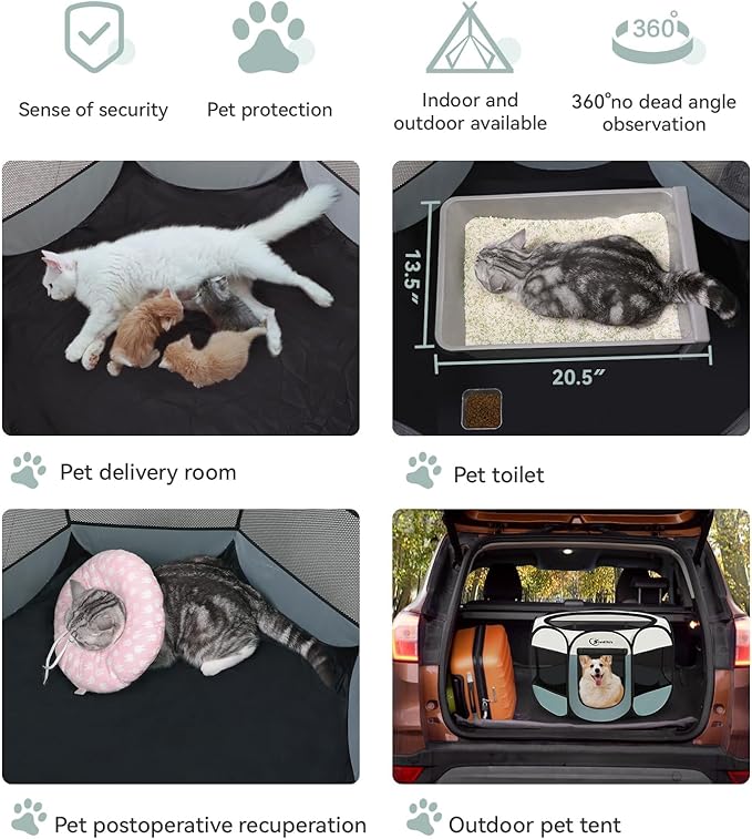 Medium Dog Cat Playpen, Puppy Pet Playpen Indoor for Dog Crate Tent Cage Outdoor, Portable Pop Up Dogs Enclosure Kennel with Carrying Case for Dogs/Cats/Rabbits (Grey with Pad, Medium)